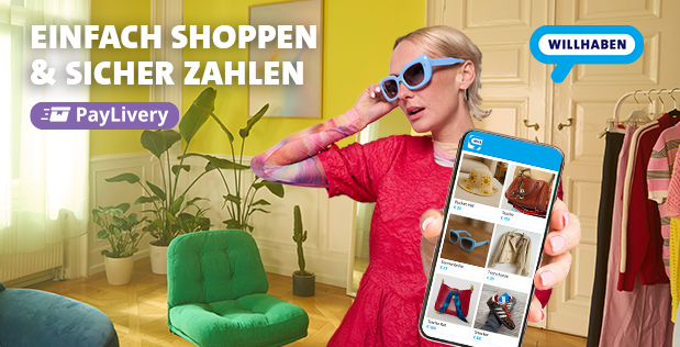 Frau mit Geld und willhaben App in der Hand. Im Text steht "Einfach shoppen & sicher zahlen""