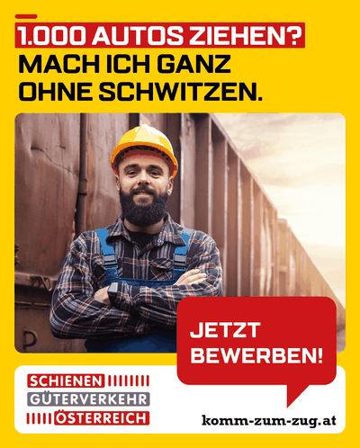 A man in a hard hat and overalls stands confidently by a train, with German text encouraging job applications in rail freight transport.